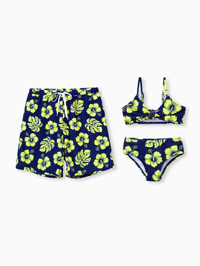 Daddy & Daughter Tropical Floral Swimsuits Halter Bikini & Swim Trunks Set Deep Blue