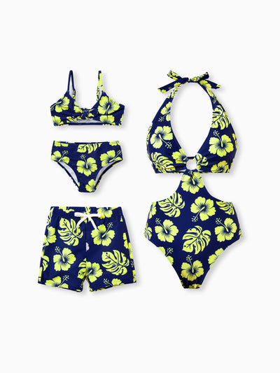Mommy & me Tropical Floral Swimsuits Halter Bikini & Swim Trunks Set Deep Blue