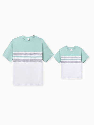 Daddy & Son T-Shirt & Dress Set Polka Dot Puff-sleeve Dress for Mom, Daughter & Baby, Color Block Cotton Tee for Dad & Son, Perfect for Family Outings & Photos Light Green