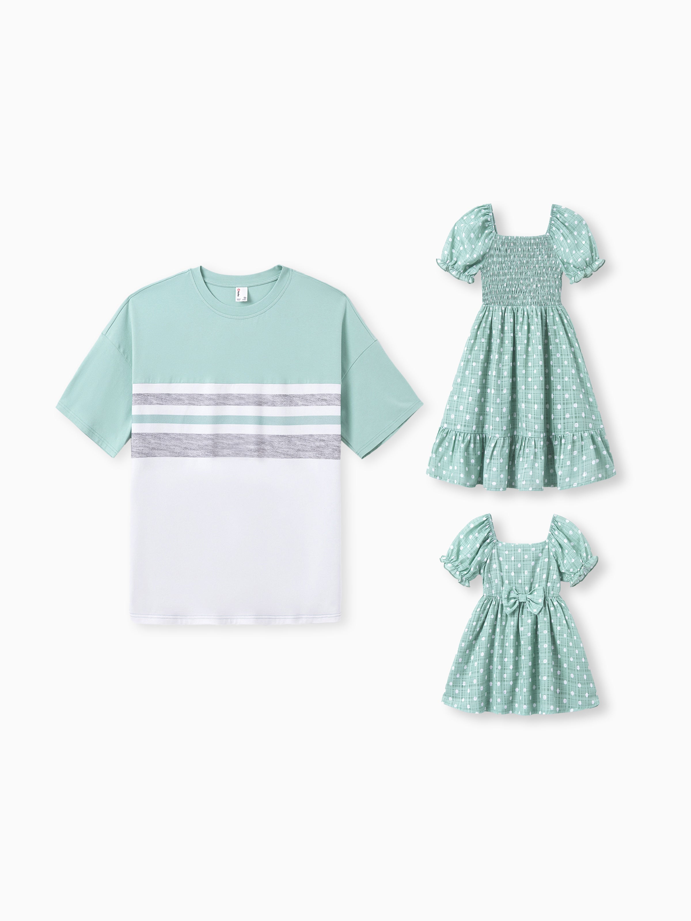 Family Matching T-Shirt & Dress Set Polka Dot Puff-sleeve Dress for Mom, Daughter & Baby, Color Block Cotton Tee for Dad & Son, Perfect for Family Family Matching T-Shirt & Dress Set Polka Dot Puff-sleeve Dress for Mom, Daughter & Baby, Color Block Cotton Tee for Dad & Son, Perfect for Family