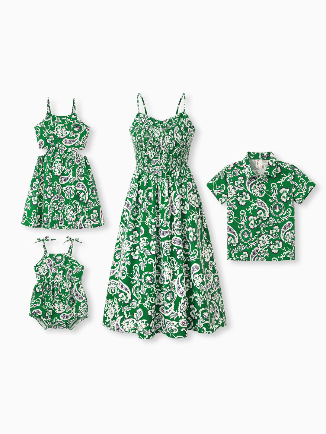 Mommy & me Outfits Set Floral Print Short-sleeve Collar Shirt or Strappy Smocked Dress for Summer Vacation Green