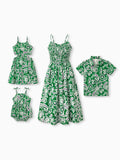 Mommy & me Outfits Set Floral Print Short-sleeve Collar Shirt or Strappy Smocked  Dress for Summer Vacation Green