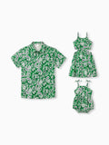 Daddy & Daughter Outfits Set Floral Print Short-sleeve Collar Shirt or Strappy Smocked  Dress for Summer Vacation Green