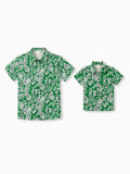 Daddy & Son Outfits Set Floral Print Short-sleeve Collar Shirt or Strappy Smocked  Dress for Summer Vacation Green