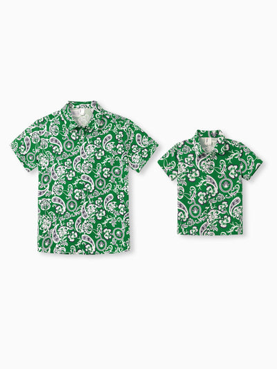 Daddy & Son Outfits Set Floral Print Short-sleeve Collar Shirt or Strappy Smocked  Dress for Summer Vacation Green