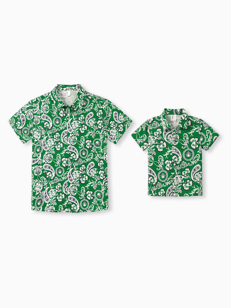 Daddy & Son Outfits Set Floral Print Short-sleeve Collar Shirt or Strappy Smocked  Dress for Summer Vacation Green