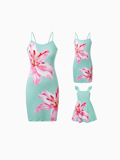 Mommy and Me Casual Flower Print Sleeveless Strappy Dresses  Light Green