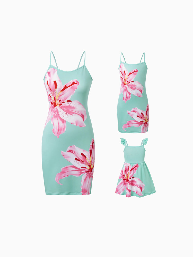 Mommy and Me Casual Flower Print Sleeveless Strappy Dresses  Light Green