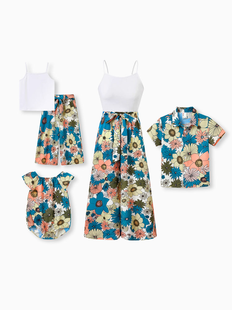 Mommy & me Set Sun Flower Print Short-sleeve Collar Shirt or White Camisole Top and Flower Wide-leg Pants Set for Summer Vacation Multi-color
