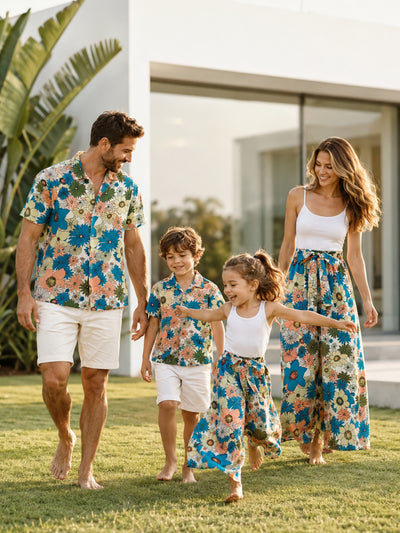 Family Matching Set Sun Flower Print Short-sleeve Collar Shirt or White Camisole Top and Flower Wide-leg Pants Set for Summer Vacation  Multi-color