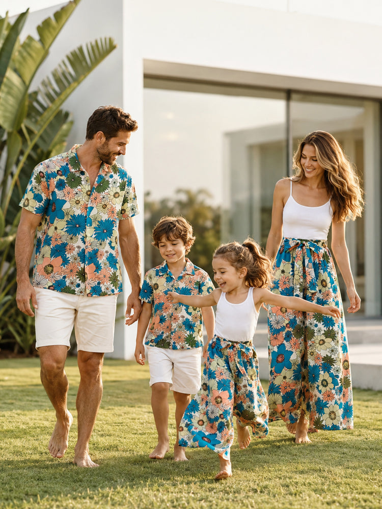 Family Matching Set Sun Flower Print Short-sleeve Collar Shirt or White Camisole Top and Flower Wide-leg Pants Set for Summer Vacation  Multi-color