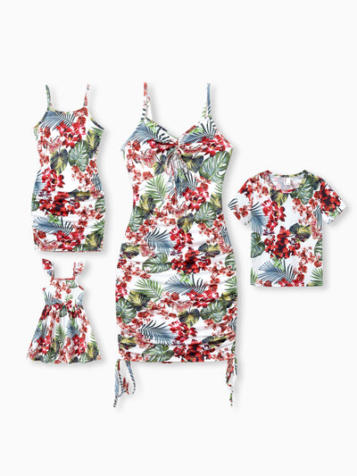 Mommy & me Floral Print Outfits Tropical Print Spaghetti Strap Body-con Dress for Mom & Daughter, Color-Blocked T-Shirts for Dad & Son Perfect for Summer Vacations & Family Photos Red