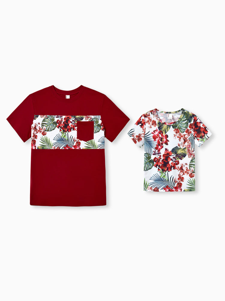 Conjuntos de Papá e Hijo con Estampado Floral Vestido ajustado con tirantes de estampado tropical para Mamá e Hija, Camisetas de Bloques de Color para Papá e Hijo Perfectos para Vacaciones de Verano y Fotos Familiares Rojo