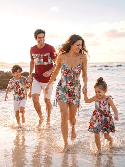 Family Matching Floral Print Outfits Tropical Print Spaghetti Strap Body-con Dress for Mom & Daughter, Color-Blocked T-Shirts for Dad & Son Perfect for Summer Vacations & Family Photos Red