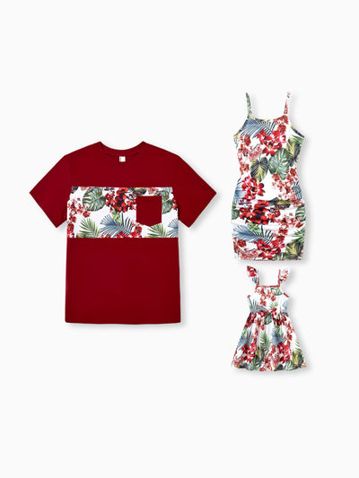 Daddy & Daughter Floral Print Outfits Tropical Print Spaghetti Strap Body-con Dress for Mom & Daughter, Color-Blocked T-Shirts for Dad & Son Perfect for Summer Vacations & Family Photos Red