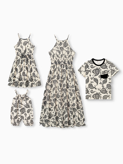 Mommy & me Paisley Print Outfits Sleeveless Spaghetti Strap Dress & Cotton T-Shirt for Mom, Dad, & Kids Perfect for Family Outings & Photos Black