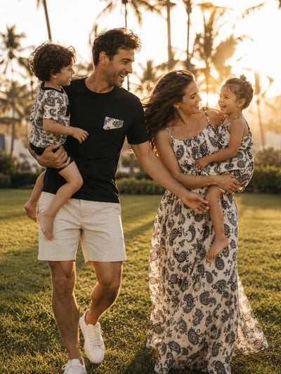 Family Matching Paisley Print Outfits Sleeveless Spaghetti Strap Dress & Cotton T-Shirt for Mom, Dad, & Kids Perfect for Family Outings & Photos
 Black