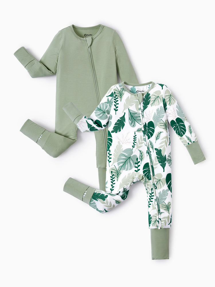 Bamboo Baby Boy/Girl 2-Pack Natural Animal or Plant Long Sleeve Romper 2-Way Zip Anti Slip Footie Green