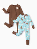 Bamboo Baby Boy/Girl 2-Pack Natural Animal or Plant Long Sleeve Romper 2-Way Zip Anti Slip Footie Brown