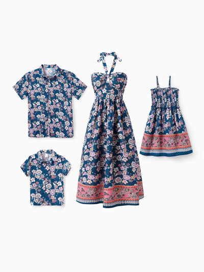 Family matching outfits Floral Allover Print Short-sleeve Collar Shirt or Halter Sleeveless Dress for Summer Vacation  CYAN-