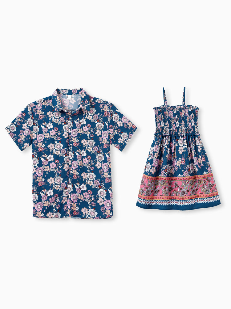 Daddy & Daughter outfits Floral Allover Print Short-sleeve Collar Shirt or Halter Sleeveless Dress for Summer Vacation CYAN-
