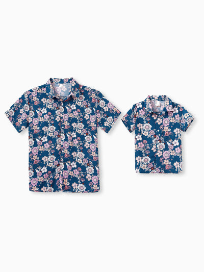 Daddy & Son outfits Floral Allover Print Short-sleeve Collar Shirt or Halter Sleeveless Dress for Summer Vacation CYAN-