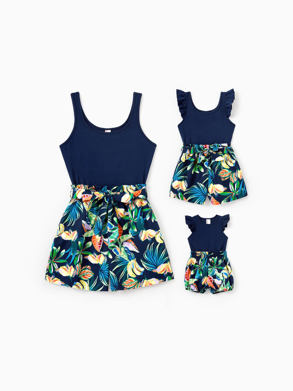 Postpartum mom and daughter in matching deep blue tropical leaves print belted rompers - Mother's Day garden party outfit from Patpat