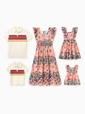 Family Matching Casual Outfit Colorblock Polo Collar T-shirt or Floral Print Flutter Sleeveless Dress Set Orange red
