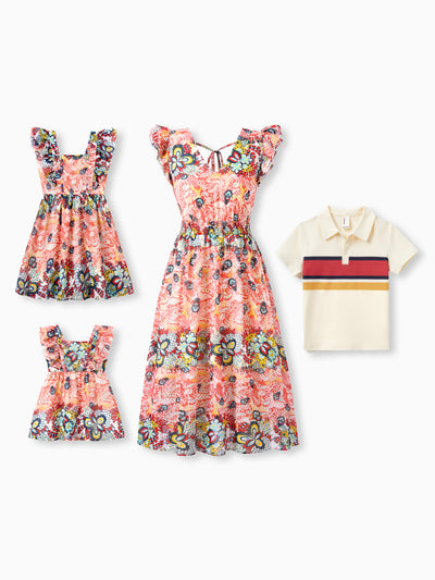 Mommy & me Casual Outfit Colorblock Polo Collar T-shirt or Floral Print Flutter Sleeveless Dress Set Orange red