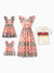 Mommy & me Casual Outfit Colorblock Polo Collar T-shirt or Floral Print Flutter Sleeveless Dress Set Orange red