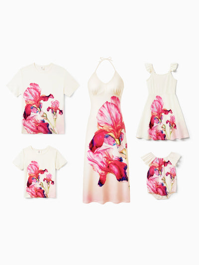 Family Matching Casual Outfit Floral Print T-shirt or Halter Dress Summer Set for Vacation  Apricot