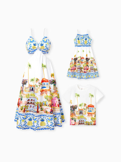 Mommy & me Vacation Set Tropical Pineapple Coconut Tree Print Short-sleeve T-shirt or Hollow out Strap Dress for Summer Vacation White