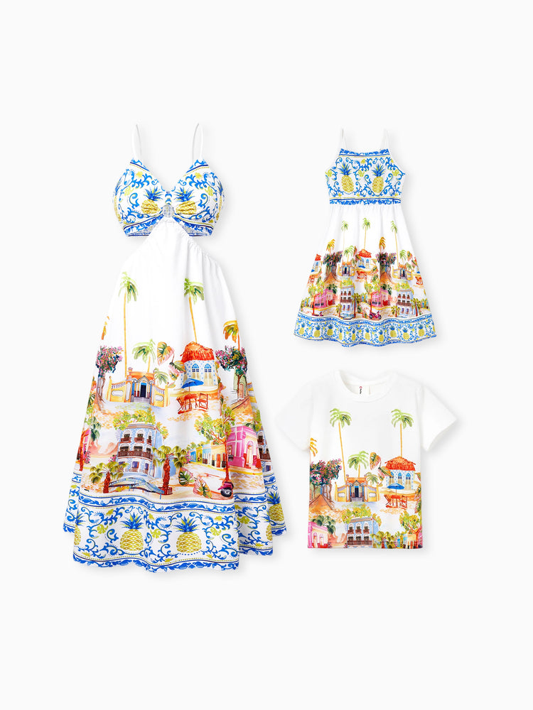 Mommy & me Vacation Set Tropical Pineapple Coconut Tree Print Short-sleeve T-shirt or Hollow out Strap Dress for Summer Vacation White