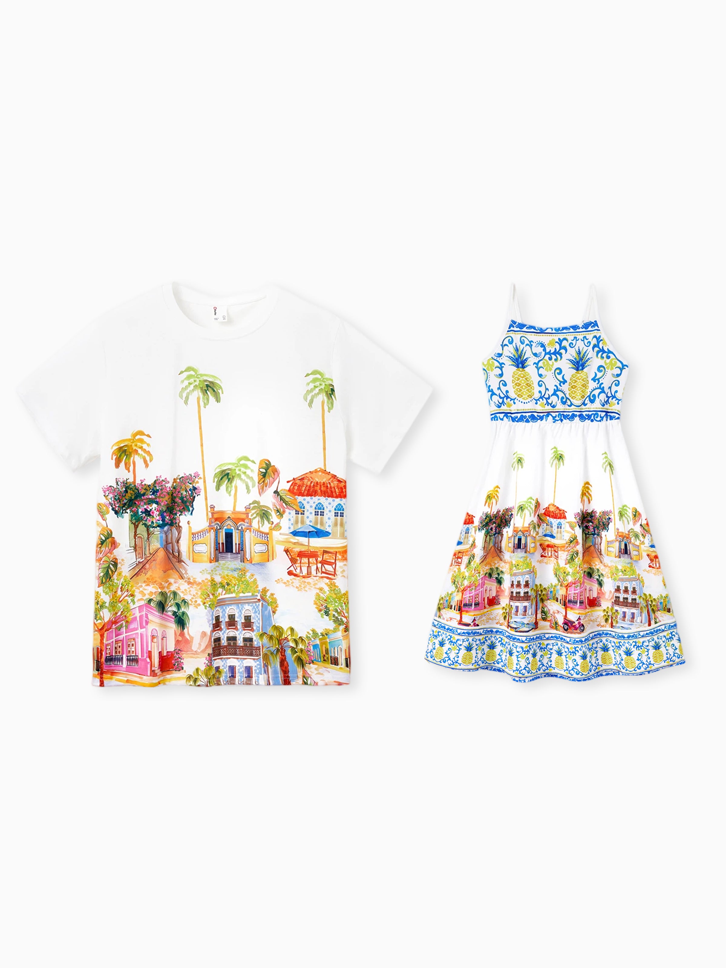 coconut palm print two-piece set Daddy & Daughter Vacation Set Tropical Pineapple Coconut Tree Print Short-sleeve T-shirt or Hollow out Strap Dress for Summer Vacation White, White /