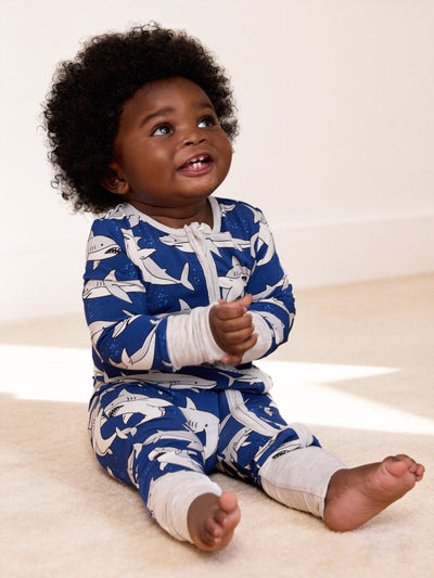 Bamboo Baby Boy/Girl Cartoon Printed 2-Way Zip Onesies Anti Slip Long-sleeve Footie Deep Blue