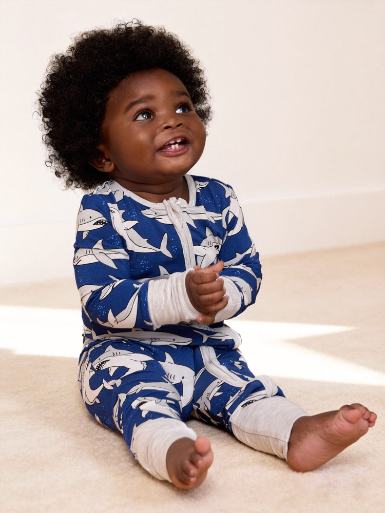 Pijamas de bambú para bebé niño/niña con estampado de dibujos animados, cremallera 2 vías, antideslizantes, de manga larga con pies Azul oscuro