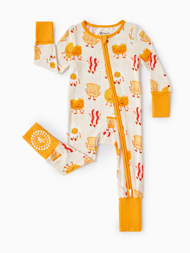 Bamboo Baby Boy/Girl Cartoon Printed 2-Way Zip Onesies Anti Slip Long-sleeve Footie Pale Yellow