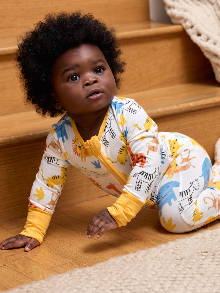 Bamboo Baby Boy/Girl Cartoon Printed 2-Way Zip Onesies Anti Slip Long-sleeve Footie Yellow