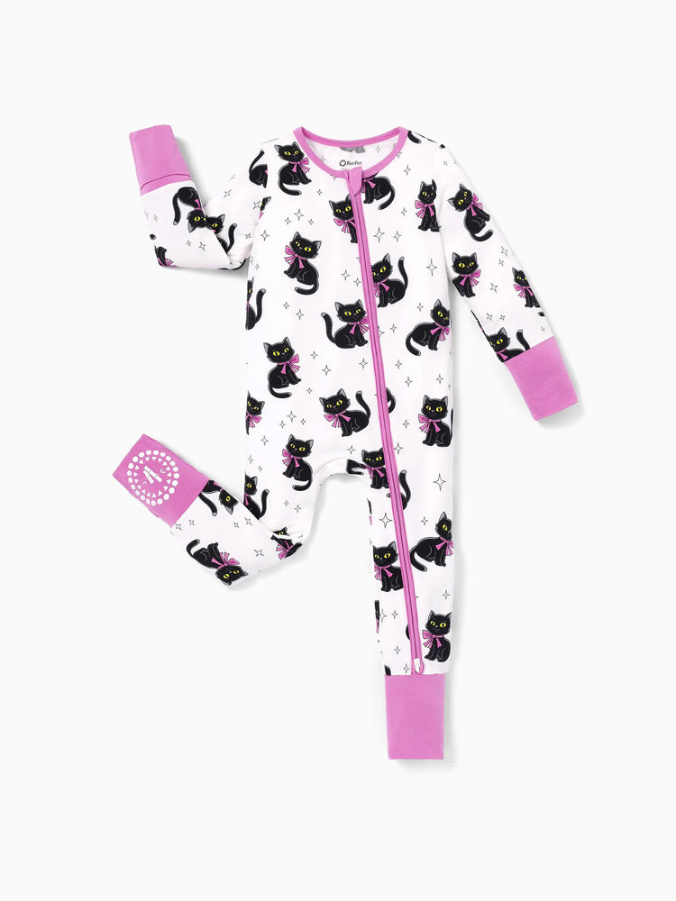 Bambus Baby Junge/Mädchen Cartoon-bedruckter 2-Wege-Reißverschluss-Strampler Anti-Rutsch Langarm-Footie Rosa Lila
