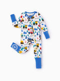 Bamboo Baby Boy/Girl Cartoon Printed 2-Way Zip Onesies Anti Slip Long-sleeve Footie Blue