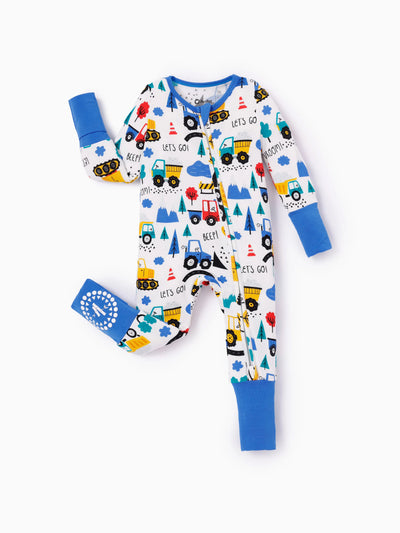 Bamboo Baby Boy/Girl Cartoon Printed 2-Way Zip Onesies Anti Slip Long-sleeve Footie Blue