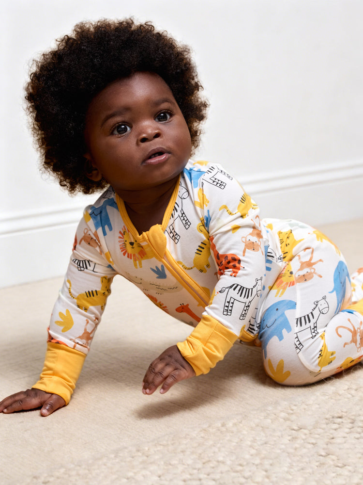 Bamboo Baby Boy/Girl Cartoon Printed 2-Way Zip Onesies Anti Slip Long-sleeve Footie Yellow