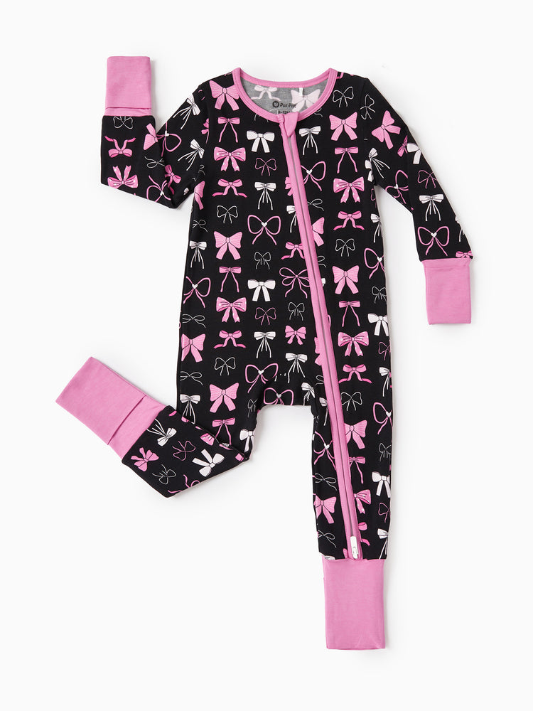 Bamboo Baby Girl Elegant Printed 2-Way Zip Onesies Anti Slip Long-sleeve Footie with Hairband Pink purple