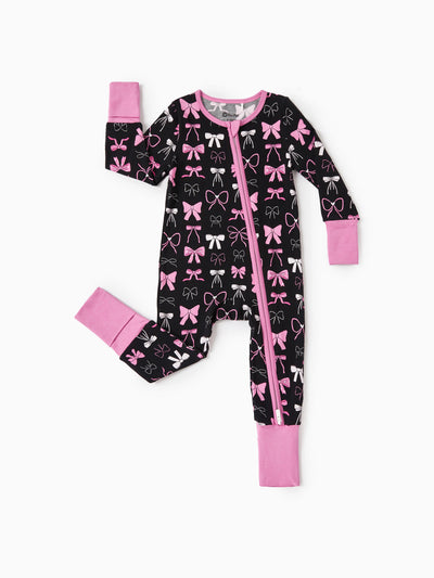 Bamboo Baby Girl Elegant Printed 2-Way Zip Onesies Anti Slip Long-sleeve Footie with Hairband Pink purple