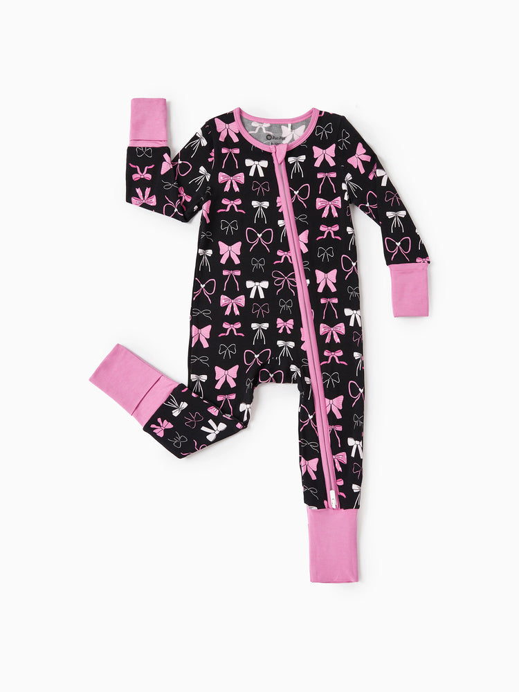 Bamboo Baby Girl Elegant Printed 2-Way Zip Onesies Anti-Rutsch-Langarm-Footie mit Haarband Pink-Lila