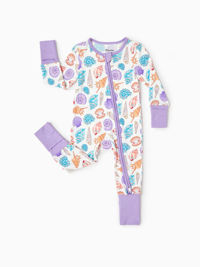 Bamboo Baby Girl Elegant Printed 2-Way Zip Onesies Anti Slip Long-sleeve Footie with Hairband Purple