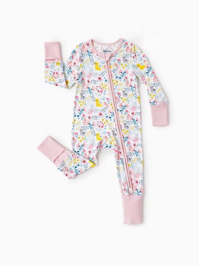 Bamboo Baby Girl Elegant Printed 2-Way Zip Onesies Anti Slip Long-sleeve Footie with Hairband Light Pink