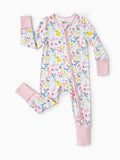 Bamboo Baby Girl Elegant Printed 2-Way Zip Onesies Anti Slip Long-sleeve Footie with Hairband Light Pink