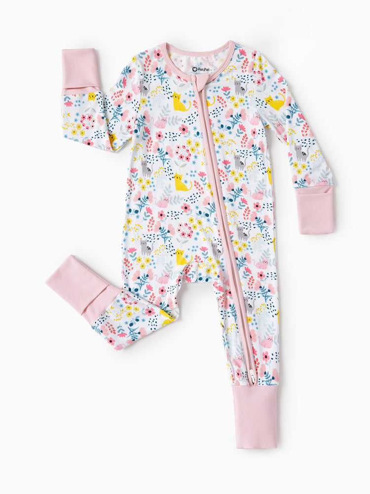Bamboo Baby Girl Elegant Printed 2-Way Zip Onesies Anti Slip Long-sleeve Footie with Hairband Light Pink