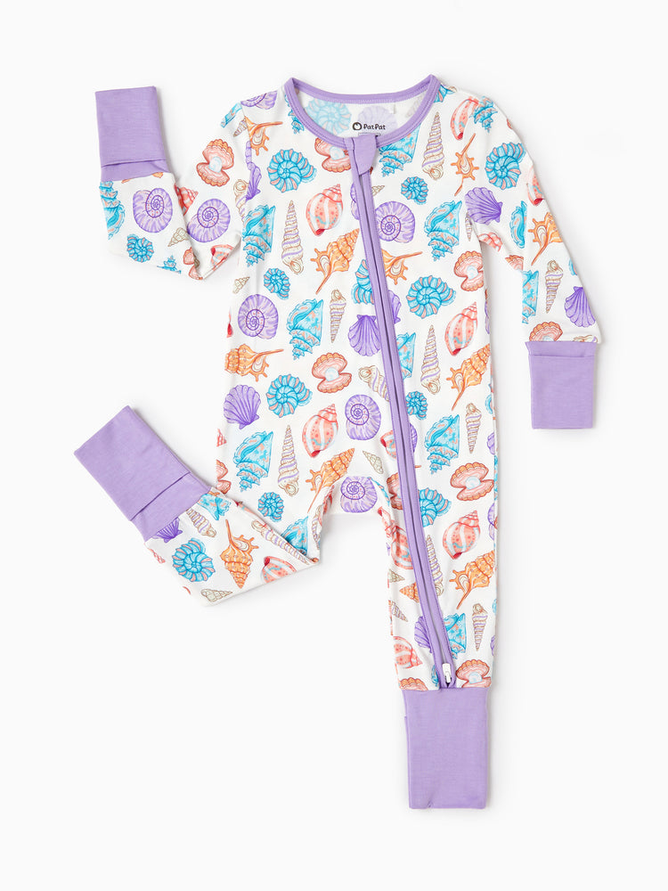 Bamboo Baby Girl Elegant Printed 2-Way Zip Onesies Anti Slip Long-sleeve Footie with Hairband Purple